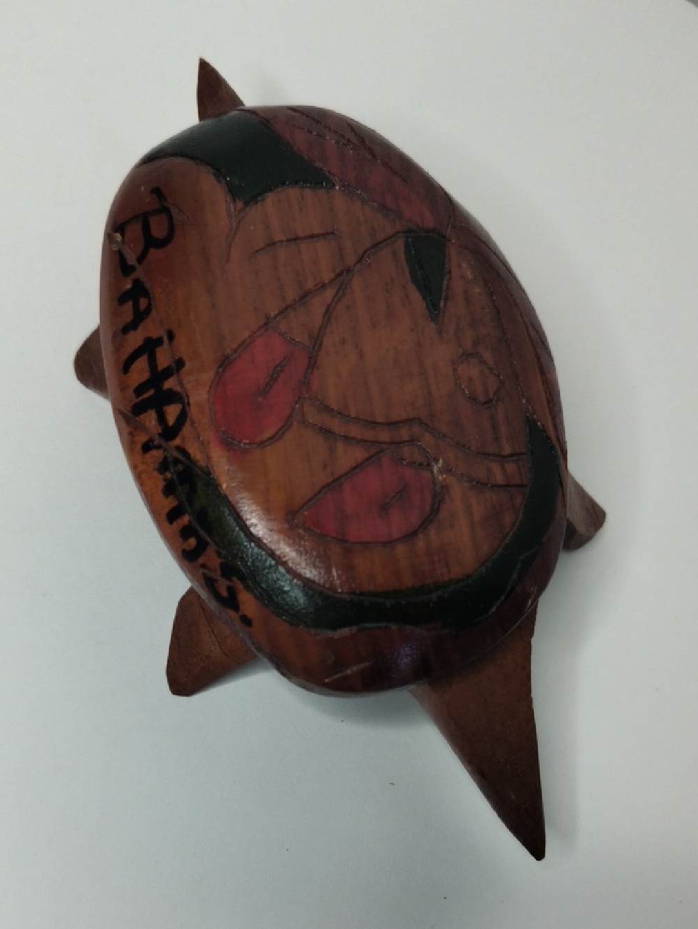 Hand-Carved Wooden Turtle Trinket Box with Red and Black Accents